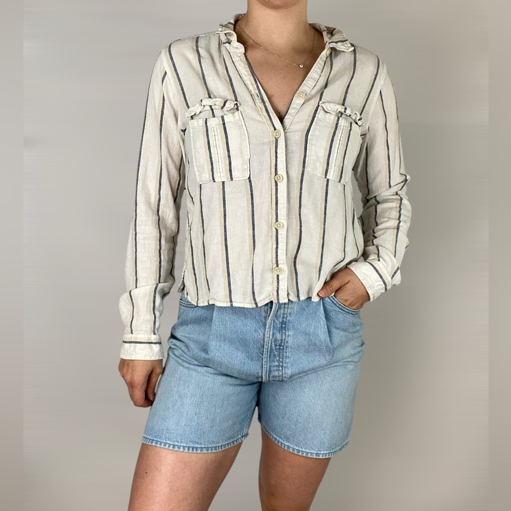 ABERCROMBIE & FITCH Striped Crop Long Sleeve Flannel Button Down Beach Casual